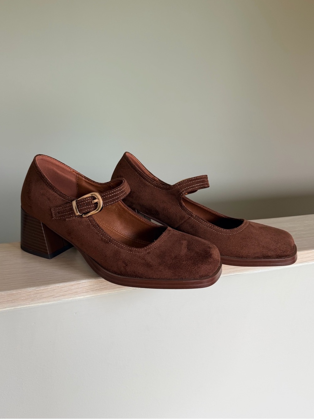 Brown Faux Suede-Look Mary Jane Block Heel Pumps, Gold Buckle, Women's Size 7
